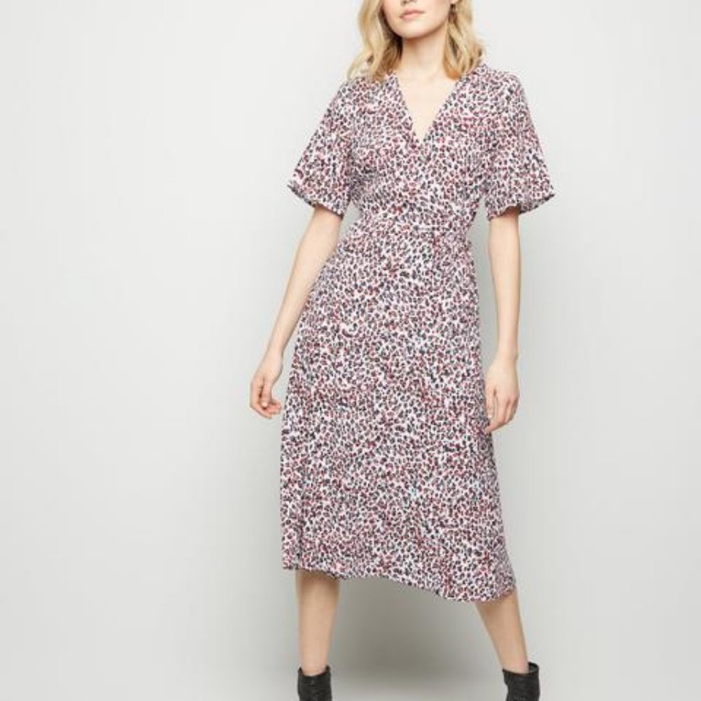 NewLook Size Small Wrap Dress, White Leopard